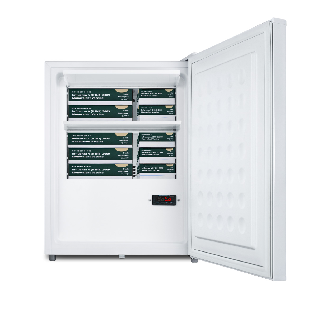 Compact medical all-refrigerator for temperature stable medical storage, with digital thermostat, lock, self-closing door, temperature alarm, and internal fan